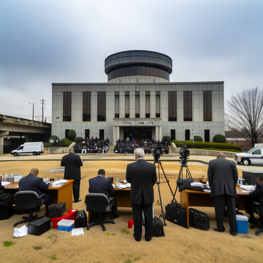 "Fulton County jury deliberating in the Young Slime Life gang trial, the longest in Georgia's history, featuring defendants Shannon Stillwell and Deamonte Kendrick charged with murder and facing life sentences. Image captures the tense atmosphere of the courtroom during