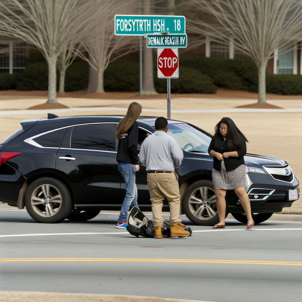 Alt text: "Forsyth County scene of tragic accident where a teenage driver struck and killed Leslie Schwendiman while injuring her fiancé Steve Olsen on Majors Road. The area near Ronald Reagan Boulevard is marked by a 2012 Acura MDX