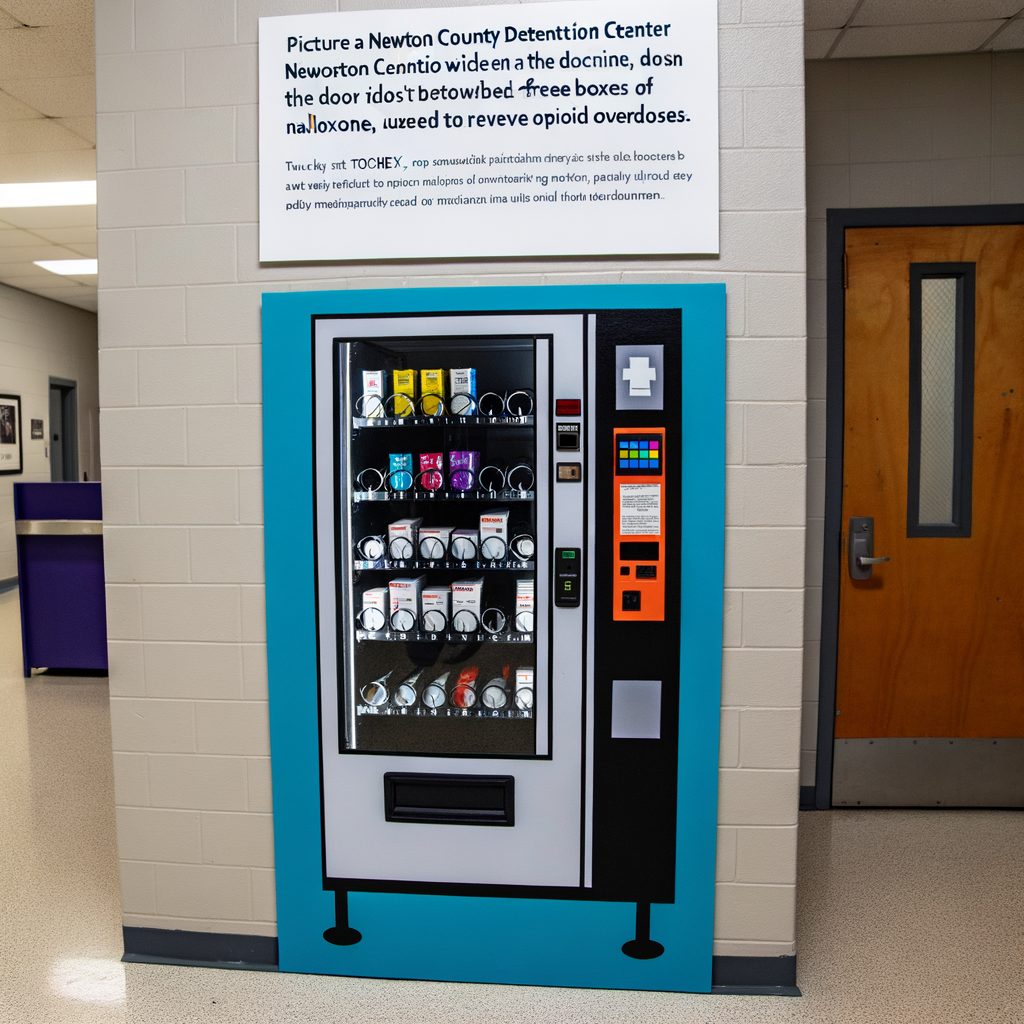 "Vending machine at Newton County Detention Center dispensing naloxone for free to combat opioid overdoses, part of local health initiative supported by GNR Health and Georgia Opioid Crisis Abatement Trust."