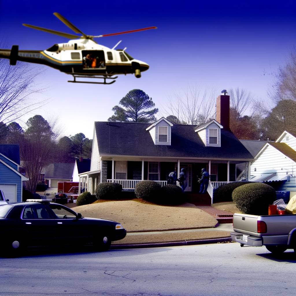 Alt text: "Scene from Stockbridge neighborhood where murder suspect Derrick Rankin was involved in a standoff with law enforcement after shooting an Atlanta police officer. The image shows police vehicles and emergency responders outside a residential home, highlighting the intense situation following Rank