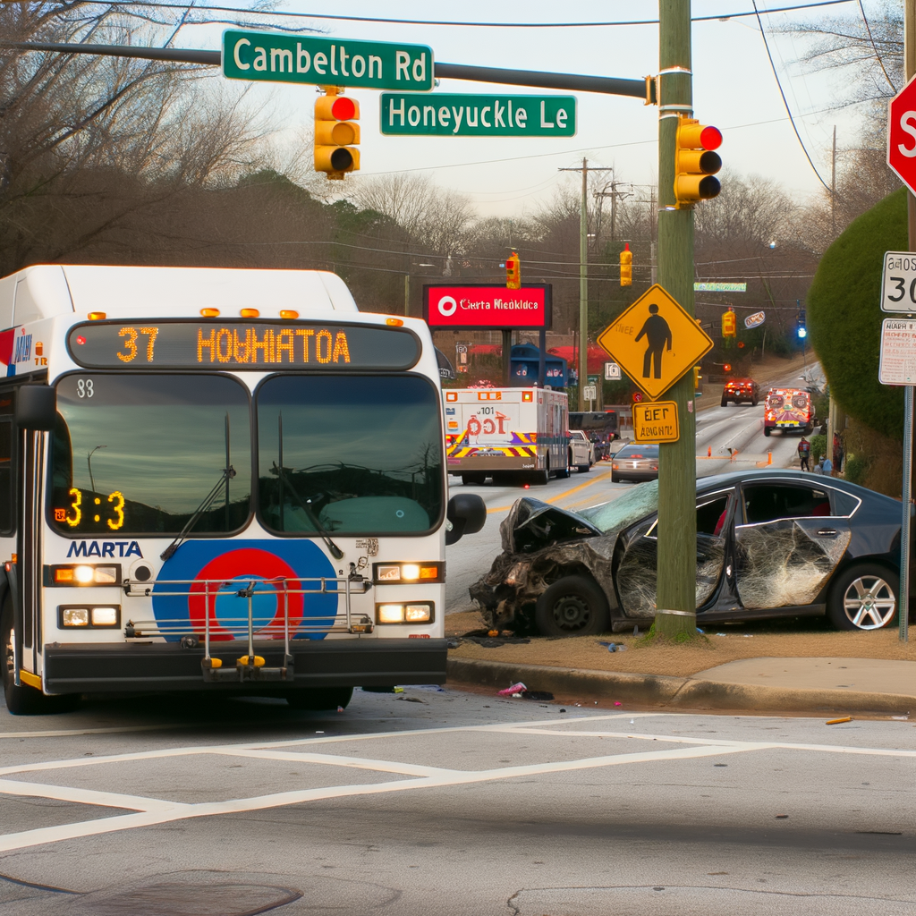 Alt text: "Scene of a deadly MARTA bus crash on Campbellton Road in southwest Atlanta, where a sedan rear-ended the stationary bus, resulting in serious injuries and fatalities. Emergency responders are on-site, surrounded by traffic cones and police vehicles,