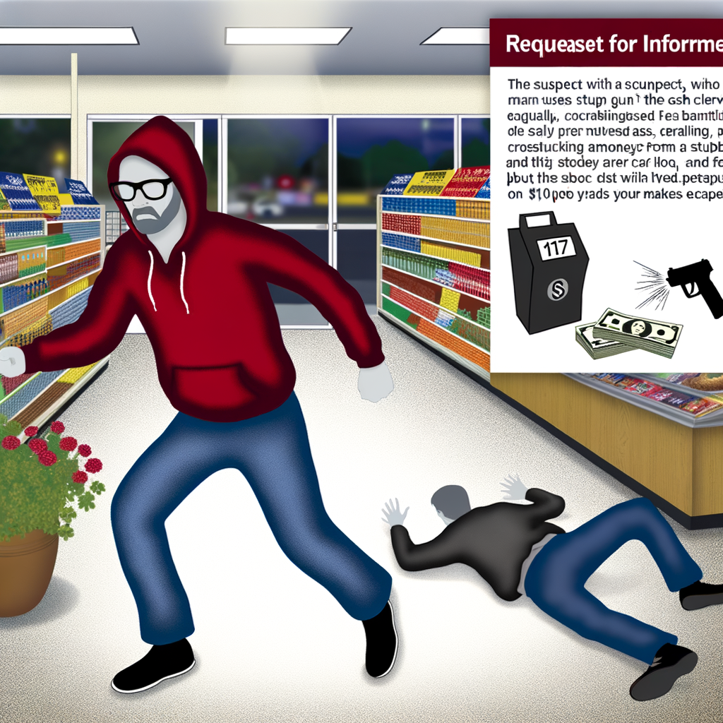 Alt text: "Surveillance footage from Lucky Lotto Food Plus on Jimmy Carter Boulevard shows a robbery suspect with a short gray beard, red hoodie, and black-framed glasses, assaulting a clerk with a stun gun during a May 23 incident in