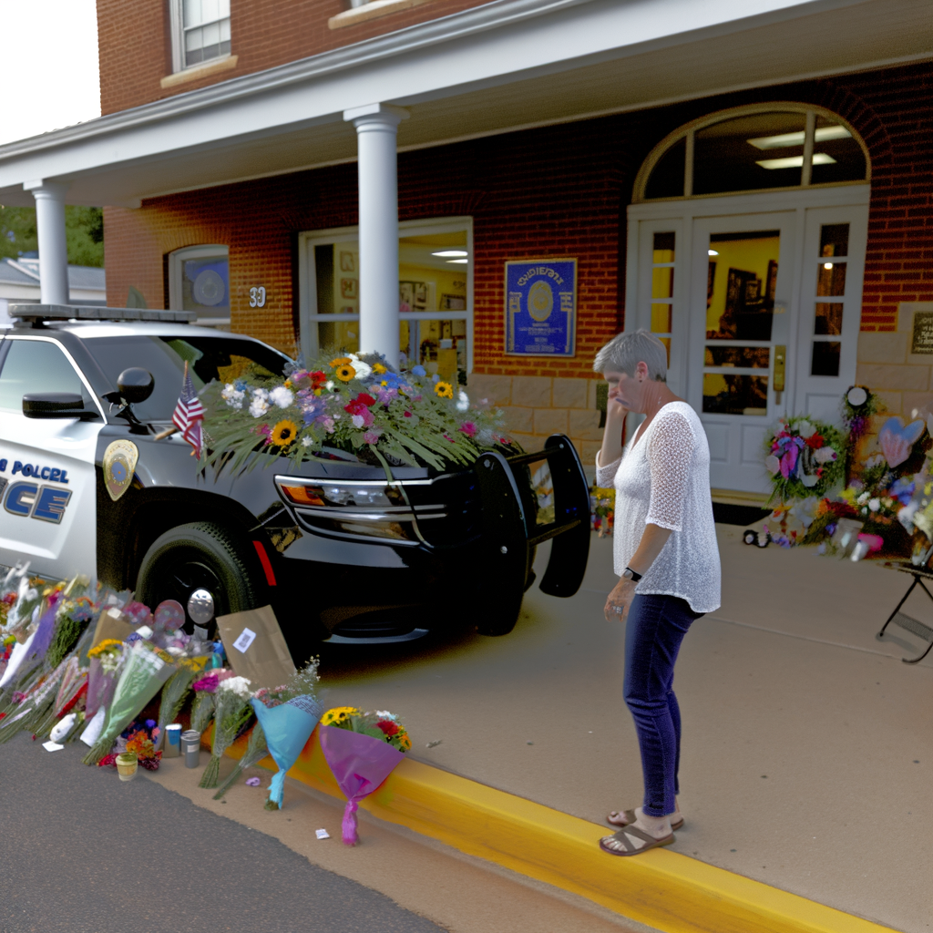 "Memorial tribute for Roswell police officer Jeremy Labonte outside police headquarters in Atlanta, adorned with flowers and heartfelt mementos, honoring his sacrifice in the line of duty after being shot while responding to a suspicious person call."