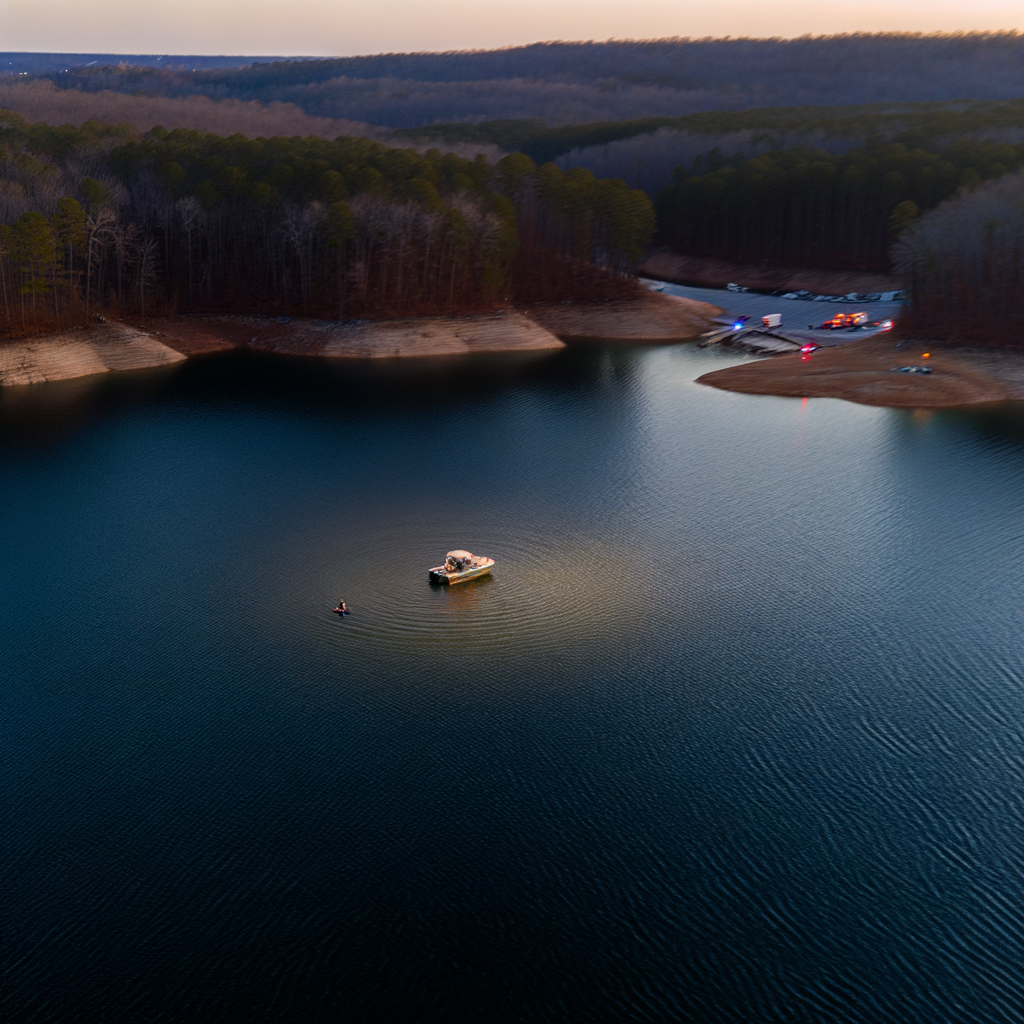 Alt text: "Search and rescue teams near an empty boat spinning on Lake Allatoona, as authorities continue the search for missing 17-year-old Jackson Croft from Woodstock, Georgia, after the vessel was found circling in the popular recreational area