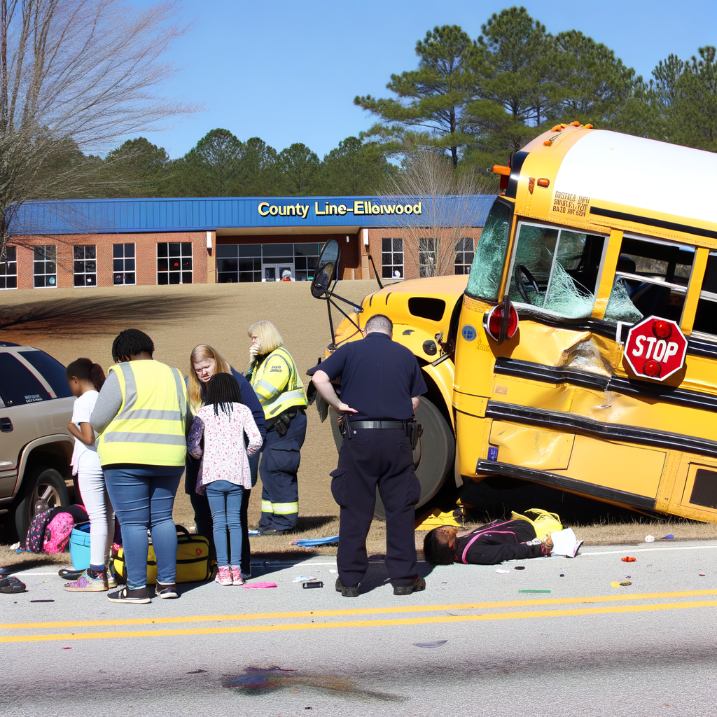 Alt text: "DeKalb County school bus accident scene on River Road, with a bus overturned in a ditch and emergency responders attending to injured children after a crash involving multiple vehicles, highlighting the importance of student safety in Atlanta."