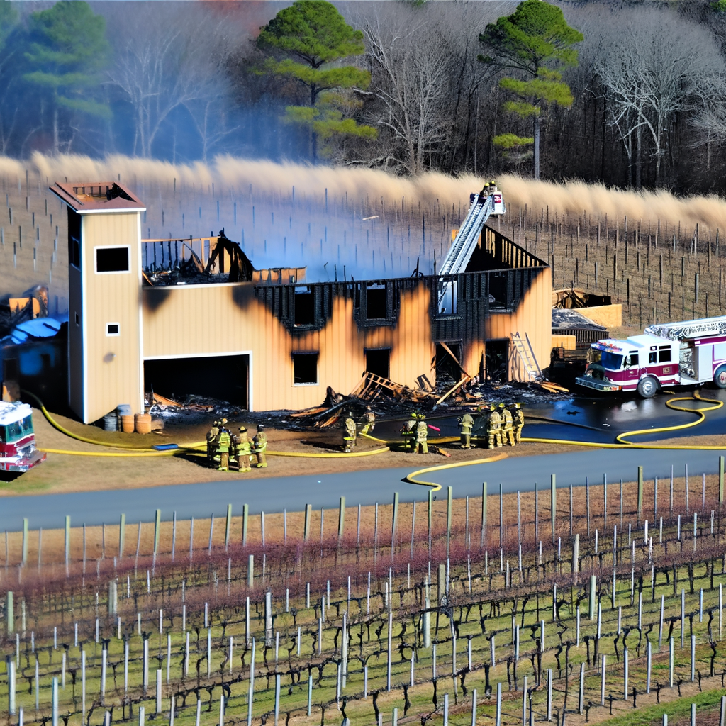 "Firefighters battling flames at Sweet Acre Farms Winery in Hall County, Georgia, after a three-story building caught fire on Bill Wilson Road, with charred debris and burnt grass visible in the aftermath of the incident."