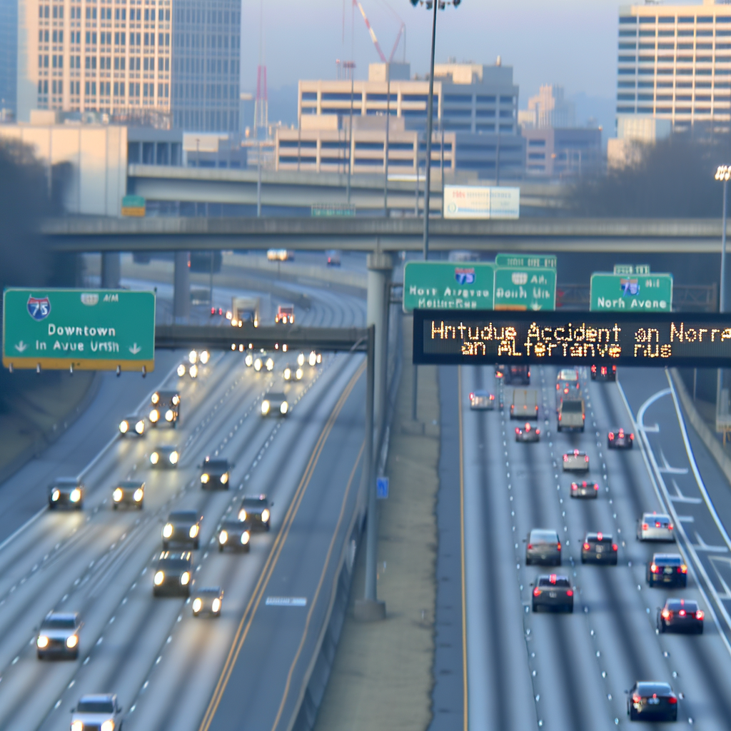 Alt text: "Traffic congestion on the Downtown Connector in Midtown Atlanta following a major crash on I-75/I-85, with emergency vehicles on the scene and a traffic diversion sign visible. The interstate was closed for over three hours during the morning commute