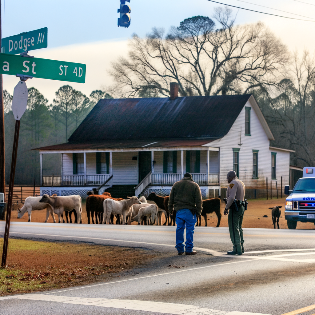 "Scene of a police shooting in Eastman, Georgia, where a deputy was injured and a man was killed after a 911 call about livestock blocking the road. The image shows Dodge Avenue and Mt. Moriah Street intersection, highlighting the location