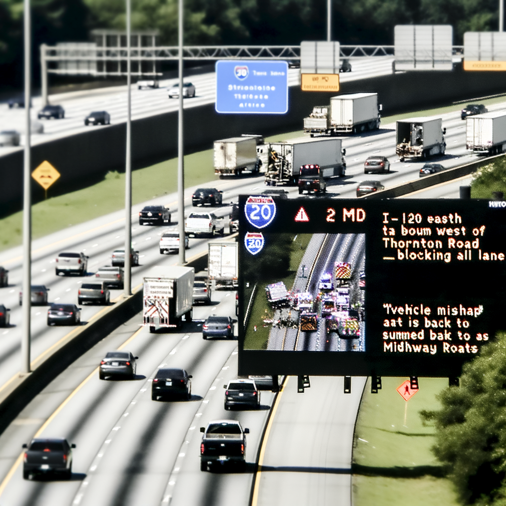 "Traffic jam on I-20 eastbound in Lithia Springs due to multi-vehicle crash, GDOT alerts motorists to avoid area for delays, October 2023."