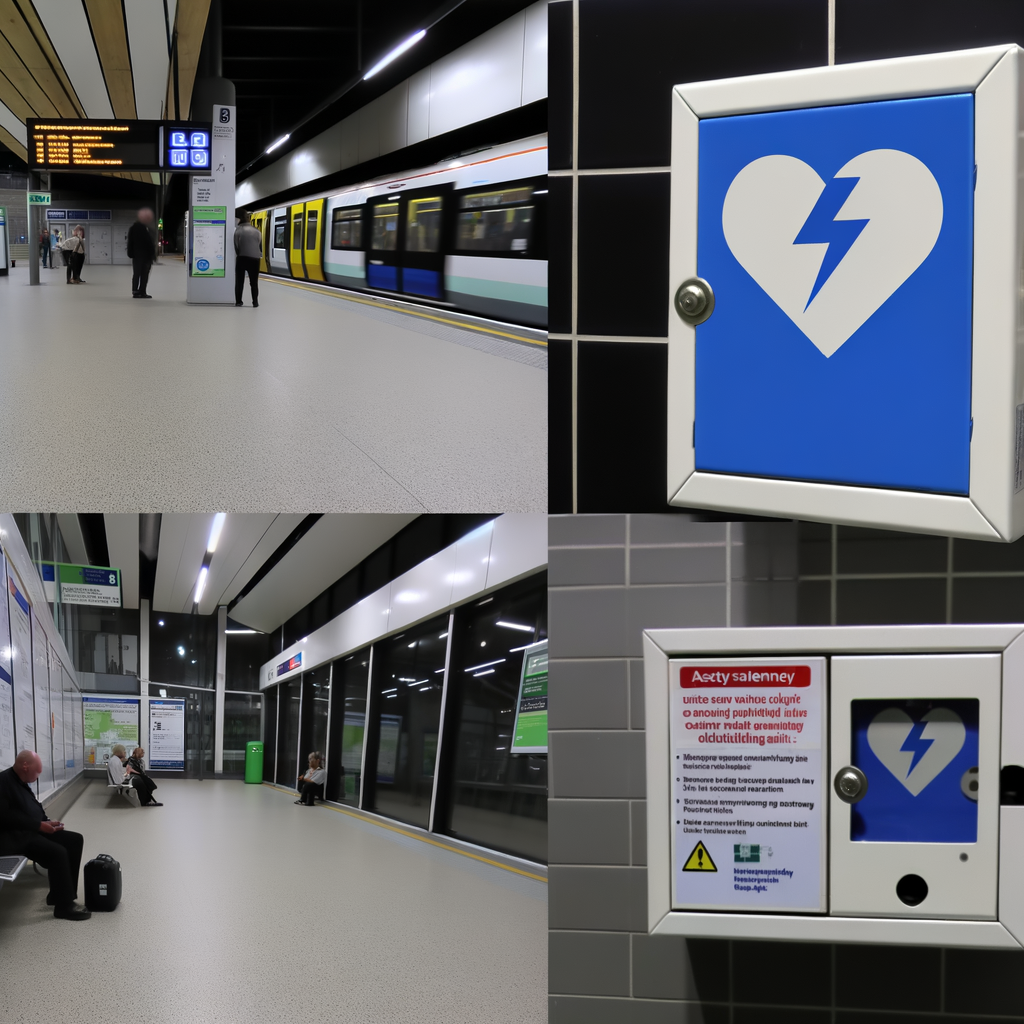 "Automated external defibrillator (AED) cabinet at MARTA's Lindbergh Center station, marked with a heart and lightning bolt symbol, highlighting increased security measures following thefts of life-saving devices in Atlanta's transit system."
