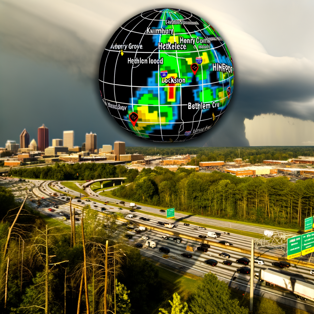 "Damage from tornado in Henry County, Atlanta, showing uprooted trees and blocked traffic on I-75 after severe weather warning, highlighting impact of tornado on local infrastructure and community safety."