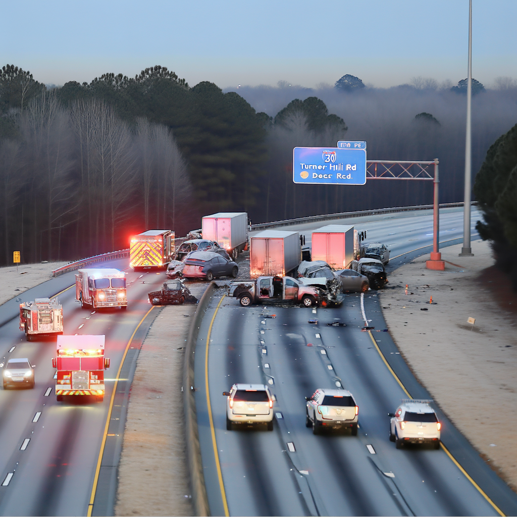 "Scene of multivehicle crash on I-20 West in DeKalb County, Atlanta, resulting in the tragic death of a child and injuries to six others, as emergency responders work at the accident site early Monday morning."