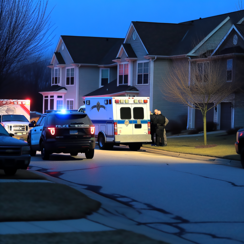 "Gwinnett County police investigate a shooting scene in Norcross, Atlanta, where a man was injured and a woman was killed. The image shows police vehicles and crime scene tape outside the apartment complex on Ardsley Place, highlighting the ongoing investigation