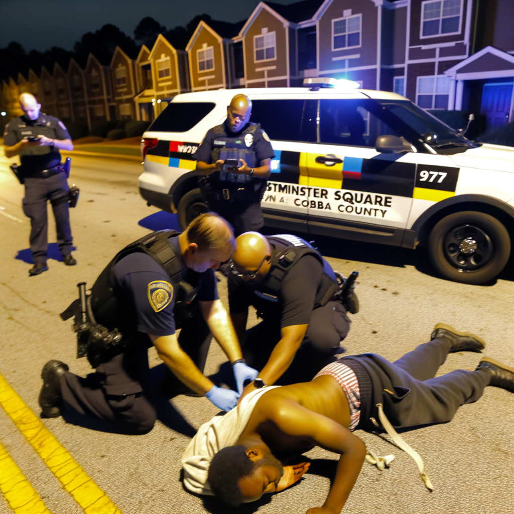 "Scene of fatal shooting at Westminster Square Apartments in Cobb County, where 21-year-old Micah Bender was found with gunshot wounds, leading to the arrest of 24-year-old Samir Bennett on charges including felony murder and aggravated assault."