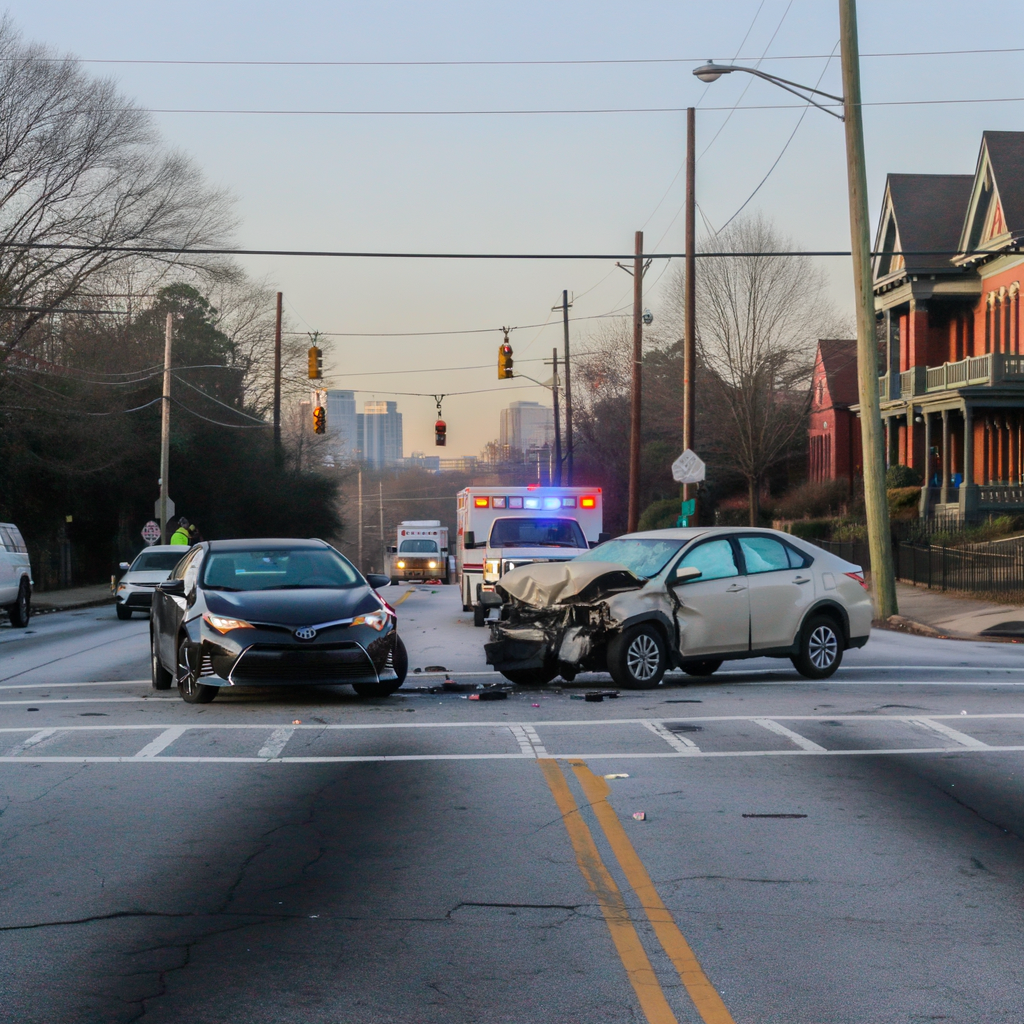 "Fatal crash scene on Martin Luther King Jr. Drive in southwest Atlanta, showing crumpled Toyota Corolla and Ford Focus involved in two-car collision near Larchwood Road, with police presence and blocked road indicating ongoing investigation."