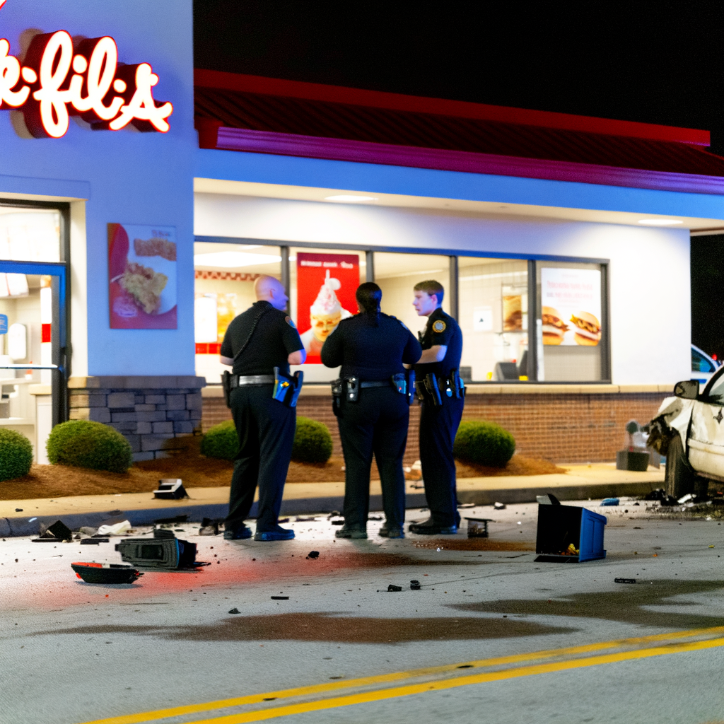 Alt text: "DeKalb County police investigate the scene of a Chick-fil-A robbery where a suspect used pepper spray on employees before fleeing, leading to a high-speed chase and fatal crash in Atlanta. The incident highlights a string of robberies connected