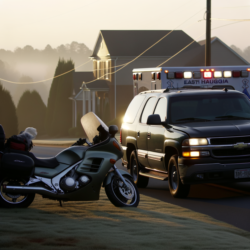 Alt text: "Scene of a tragic motorcycle accident on Jesse Jewell Parkway in Gainesville, Georgia, where Hall County teacher and coach Victor Vega, 54, was killed after a Chevrolet Suburban failed to yield. The image captures the aftermath of the