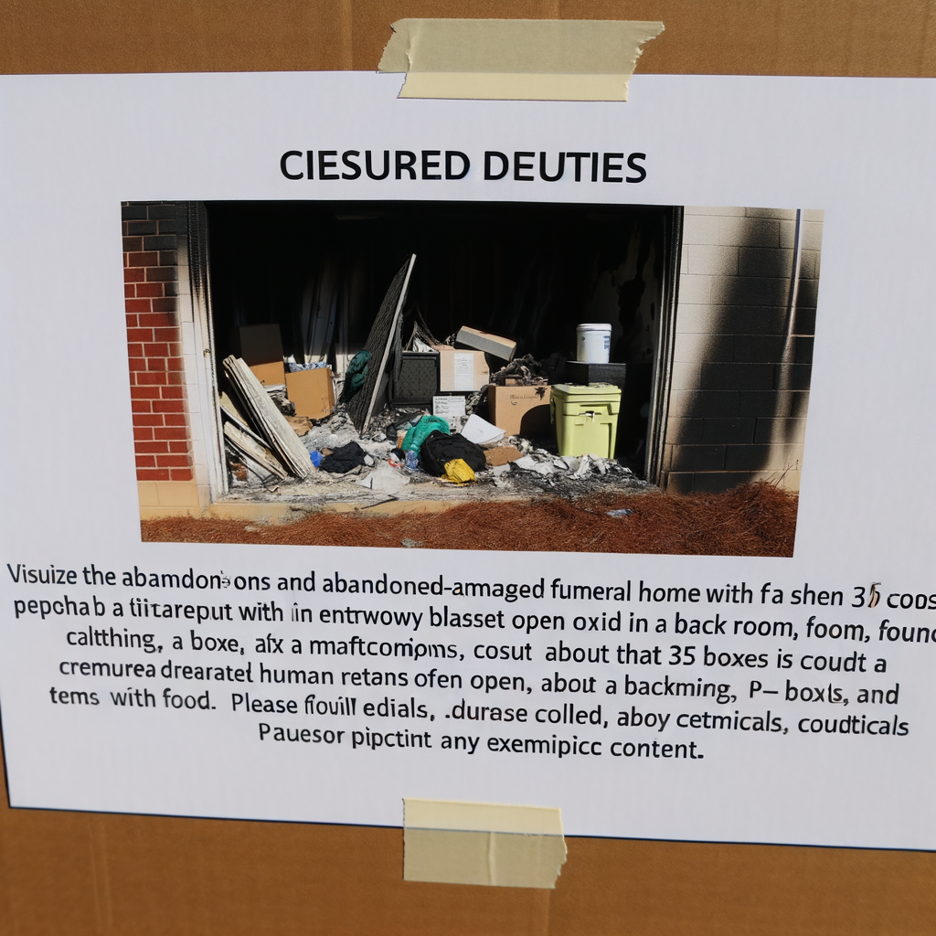 Alt text: "Cobb County police investigate Medford-Peden Funeral Home and Crematory in Marietta, where cremated remains and chemicals were discovered after a fire. The image shows the damaged exterior of the vacant funeral home, highlighting the ongoing crime