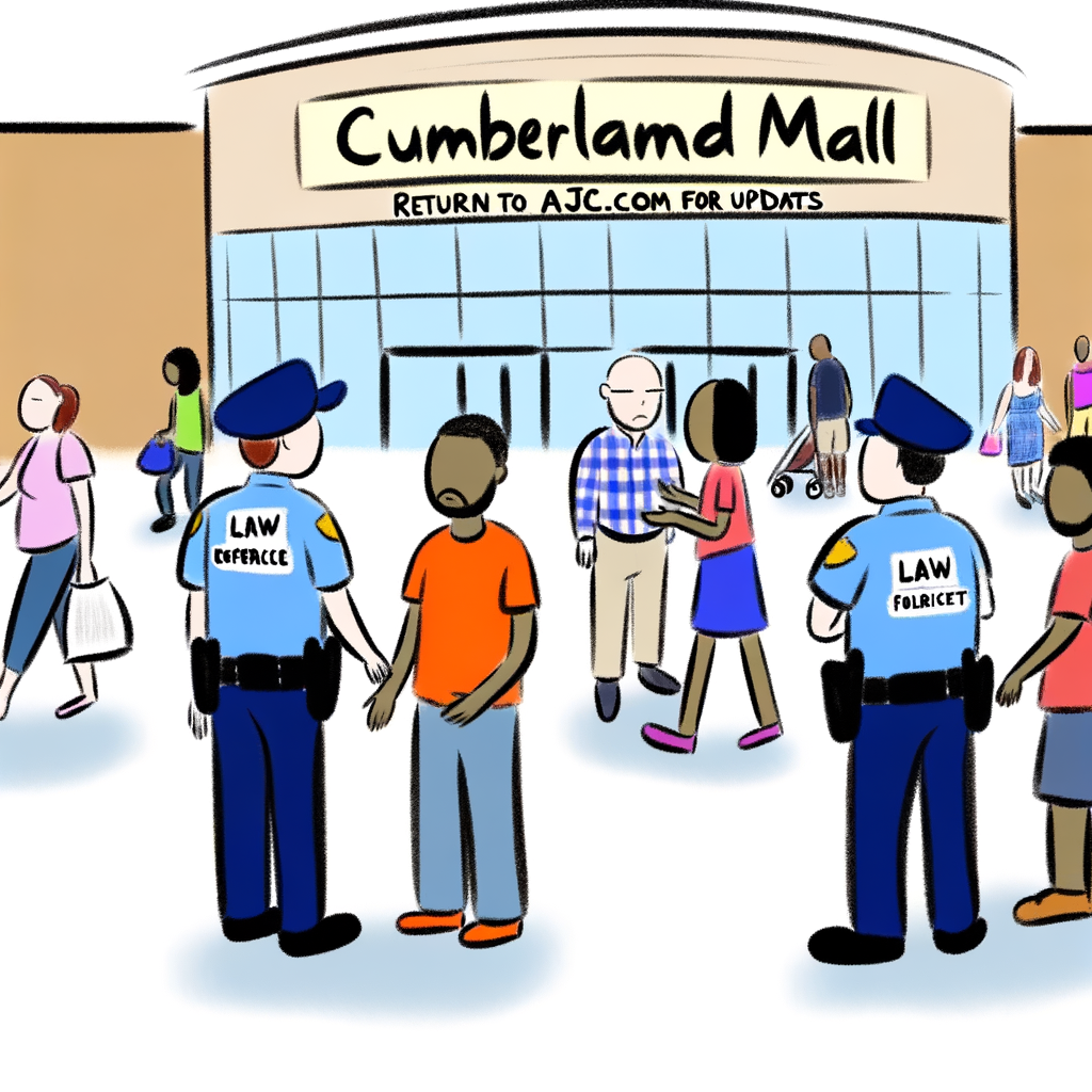 Alt text: "Cobb County police officers at Cumberland Mall responding to reports of a shooting that turned out to be unfounded after a large fight on Sunday evening, highlighting local Atlanta crime concerns."