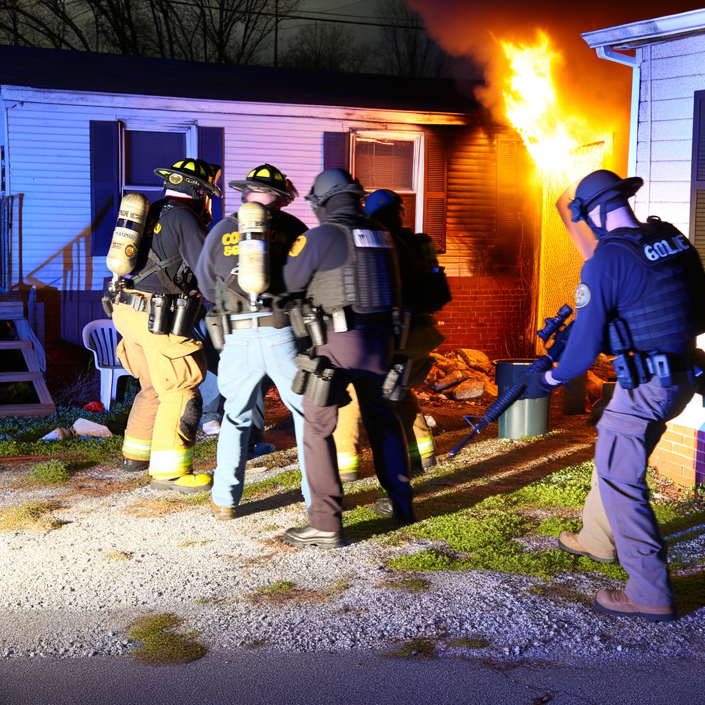 Alt text: "Crime scene in Resaca, Georgia, showing a burned home on James Street after a fatal shooting and arson incident. Firefighters extinguish the blaze while authorities investigate the scene where suspect Christopher Lee Dixon was later arrested by state tro