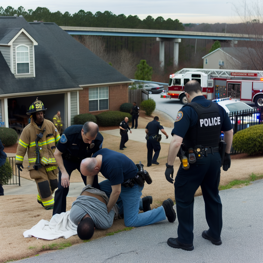 "Crime scene in Cobb County where 43-year-old Jonathan Hightower was fatally stabbed by his brother, Sherman Hightower, during a dispute on Mountain View Drive; police and firefighters respond to the incident."