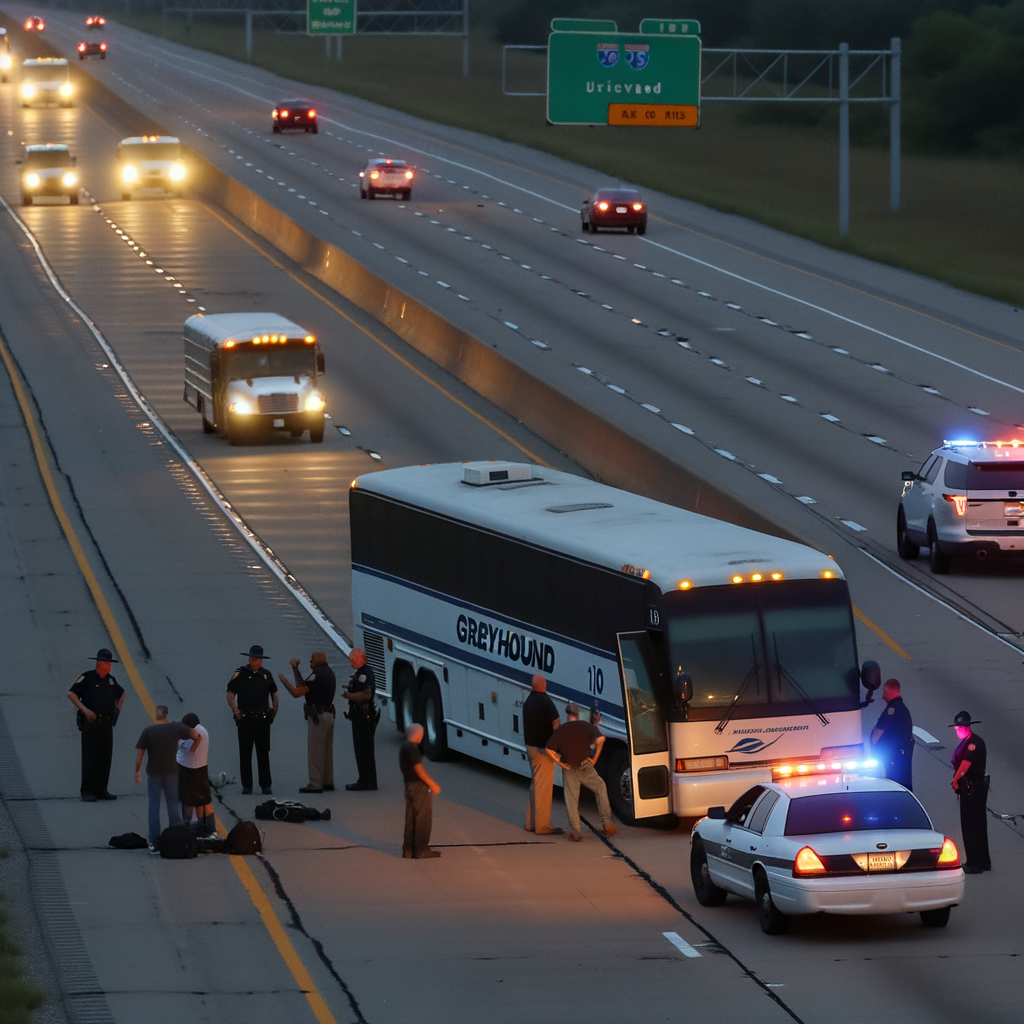 "Atlanta police officers at the scene near I-75 after a shooting incident involving a suspect with a knife, following a stabbing on a Greyhound bus. The image captures the police response and traffic disruption caused by the early morning event, highlighting the ongoing