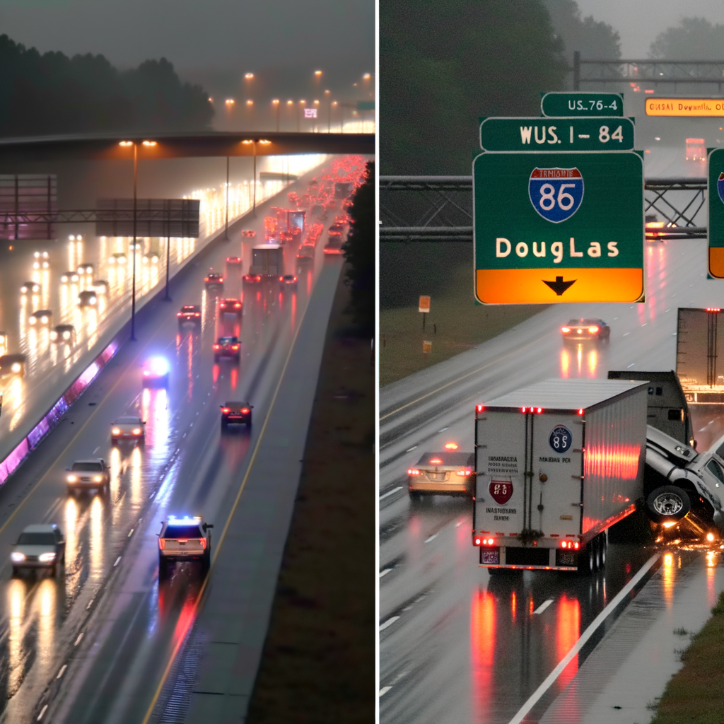 "Traffic jam on I-20 eastbound in Douglas County due to multiple crashes as rain impacts Atlanta roads, with lane closures and detours advised by GDOT."