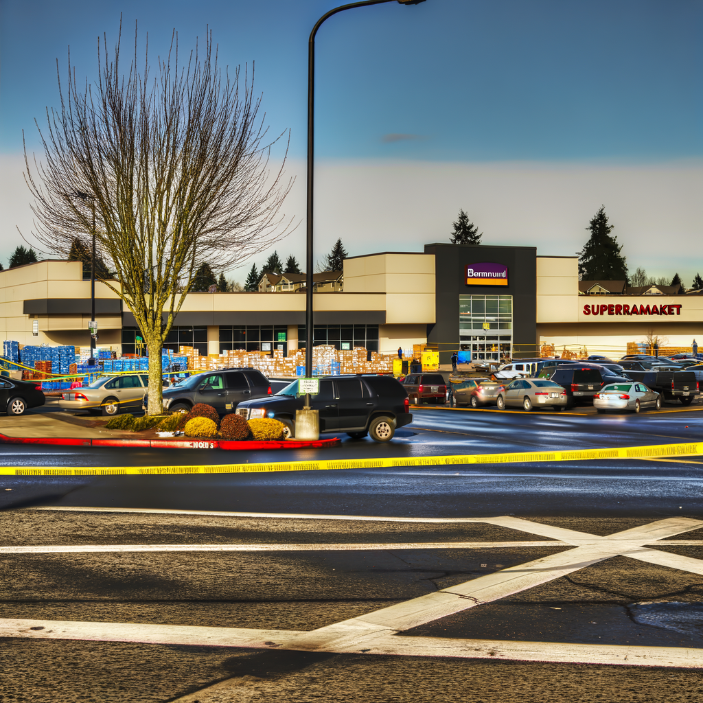 Alt text: "Police investigate the scene of a shooting at a DeKalb County business on Rockbridge Road, where two innocent bystanders were injured during a dispute that escalated to gunfire, with police tape surrounding the entrance to an Ingles grocery