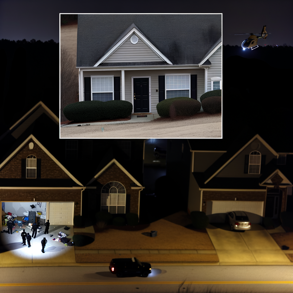"Gwinnett County police investigate the scene of a domestic dispute where a woman was found dead in her home on Hillsborough Drive, as officers search for the suspect involved in the incident."