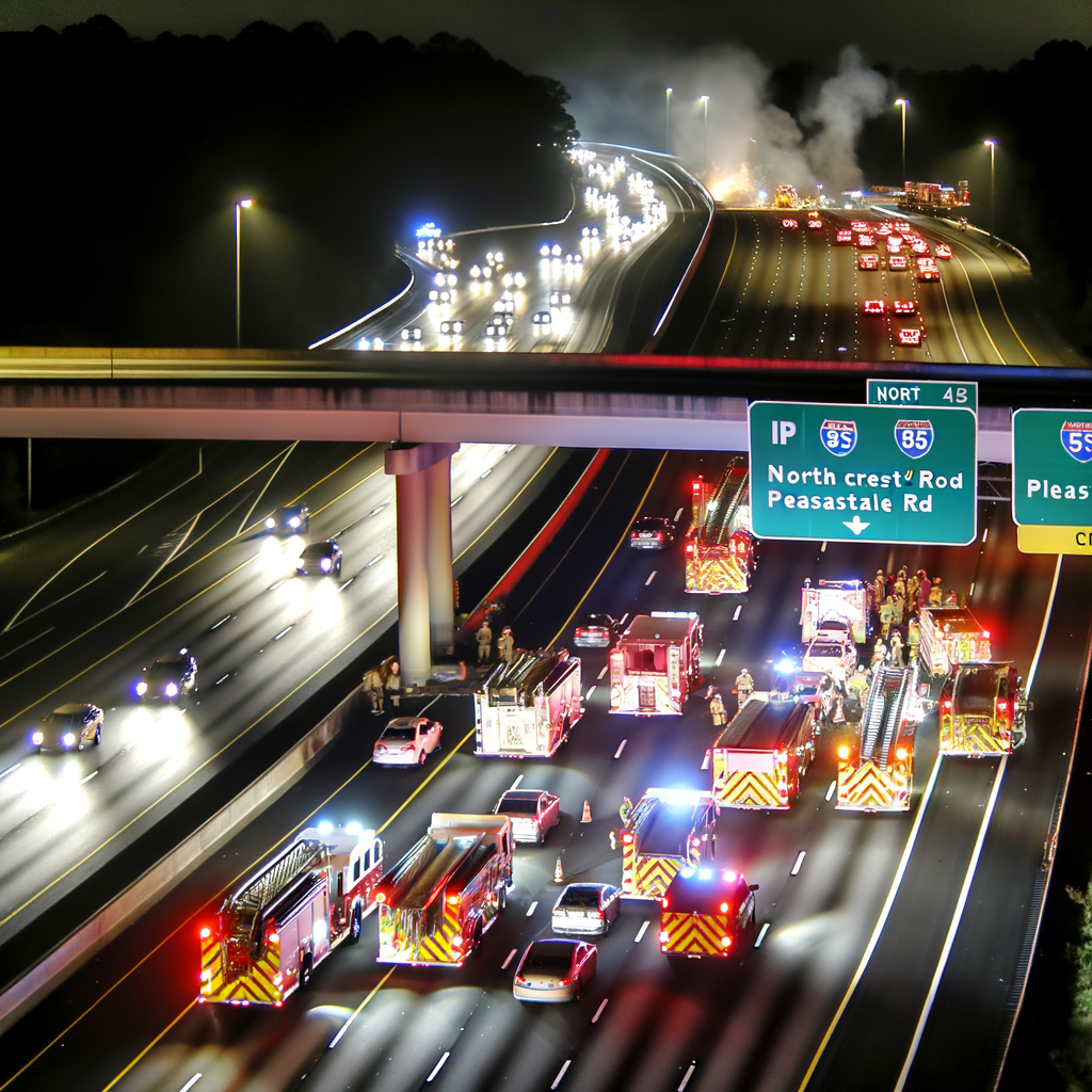 "DeKalb County bridge fire scene on I-85 North where a body was discovered following multiple vehicle collisions, highlighting ongoing investigations into local crime and safety concerns in Atlanta."