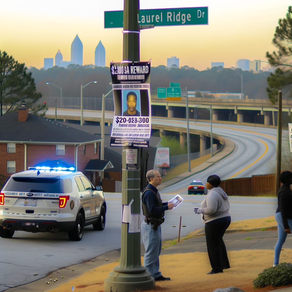 Alt text: "Police investigate the scene of a fatal shooting on Laurel Ridge Drive in East Point, Atlanta, where Chravis Shaw was found with multiple gunshot wounds early Monday morning. Authorities seek information on the suspect and a reward of $2