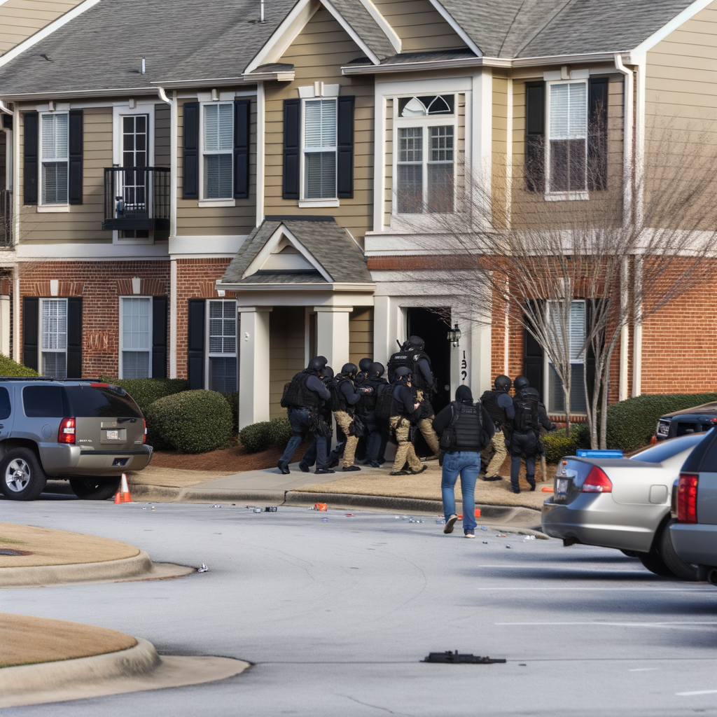 "SWAT team officers breaking down the door of a southwest Atlanta townhome during a standoff related to a murder investigation, October 2024. The incident occurred at Oakland Park Townhomes where suspect Tyshier Denike was accused of killing his