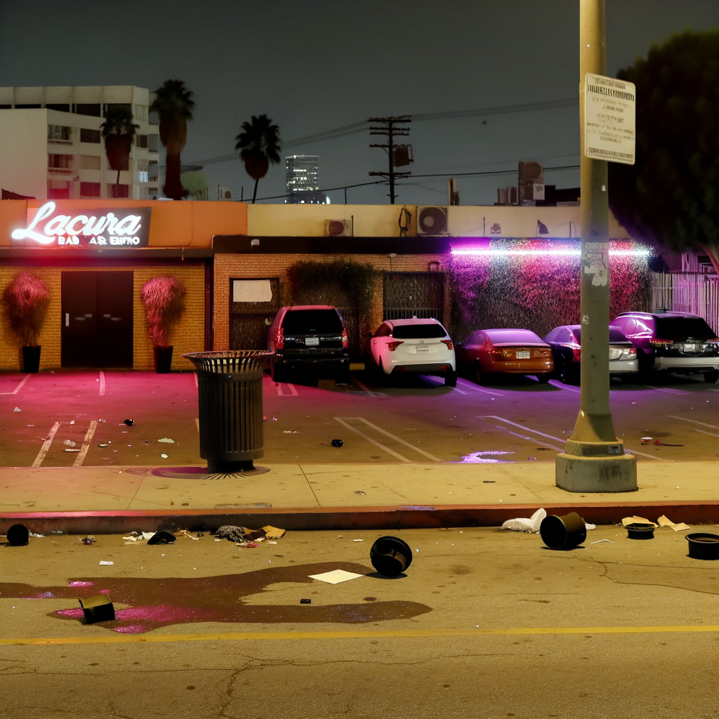 "Scene of the shooting outside LaCura Bar & Bistro in southwest Atlanta, where a nightclub altercation escalated into gunfire, resulting in one death and multiple injuries. Police investigate the crime scene with damaged vehicles and evidence markers visible in the parking