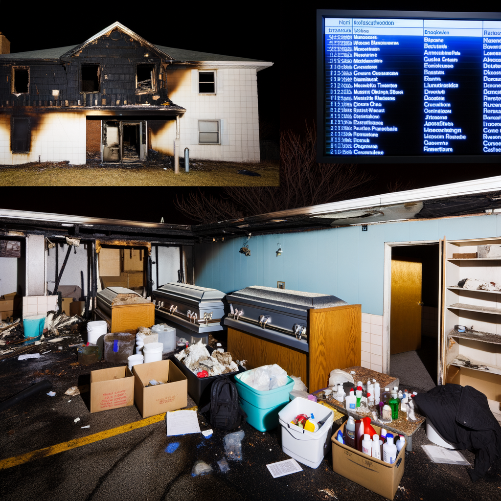 "Abandoned Medford-Peden Funeral Home in Cobb County, Atlanta, revealing boxes of cremated remains and chemical containers, highlighting the discovery of 57 sets of identified remains, including infants, following a police investigation post-fire incident."