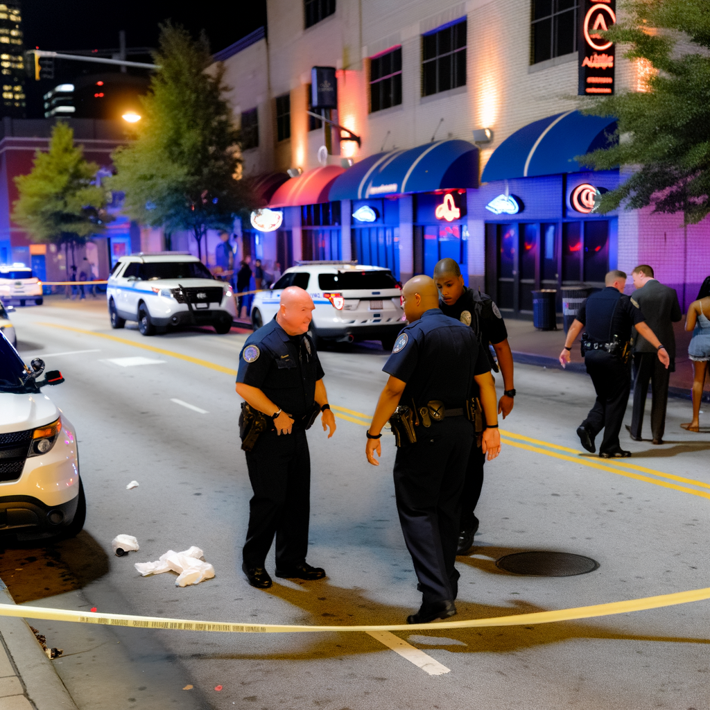 Alt text: "Atlanta police officers at the scene of a deadly shooting on Crescent Avenue in Midtown, where a man was shot and killed early Sunday morning. Caution tape surrounds the area as investigators look into the murder charge against 21-year-old Ricky