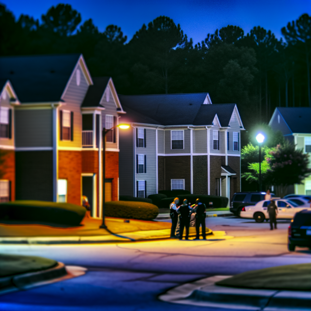 Alt text: "Crime scene at Hunters Club Lane in Gwinnett County, where a woman was fatally stabbed in a domestic incident; police investigating the apartment complex near Jimmy Carter Boulevard."