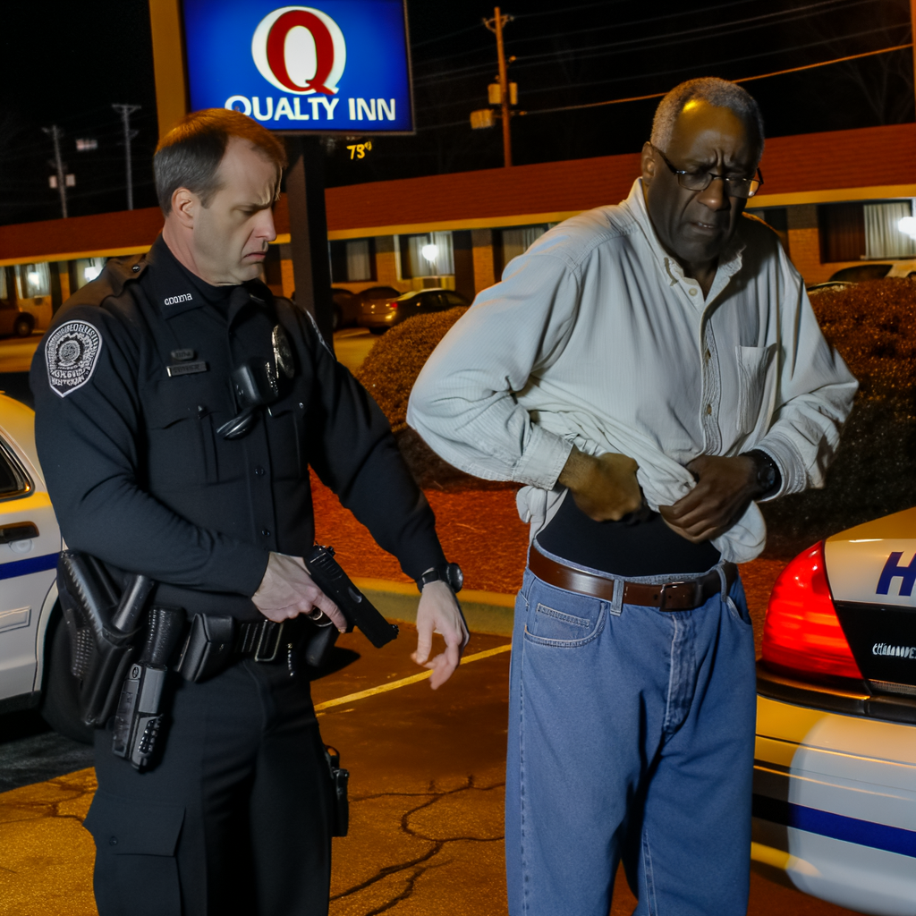 "Lawrenceville police officer at the scene of a fatal shooting involving Terrell Laron Hoggro, 59, outside Quality Inn on Shallowford Road, Chamblee, after he allegedly brandished a firearm during an arrest related to armed