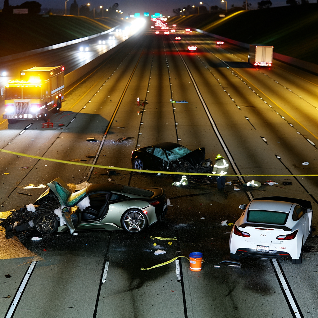 "Scene of a fiery multivehicle crash on I-20 in Fulton County, Atlanta, involving an alleged wrong-way driver in a Maserati; debris scattered across the interstate and caution tape surrounding a mangled white sedan and an overturned vehicle,