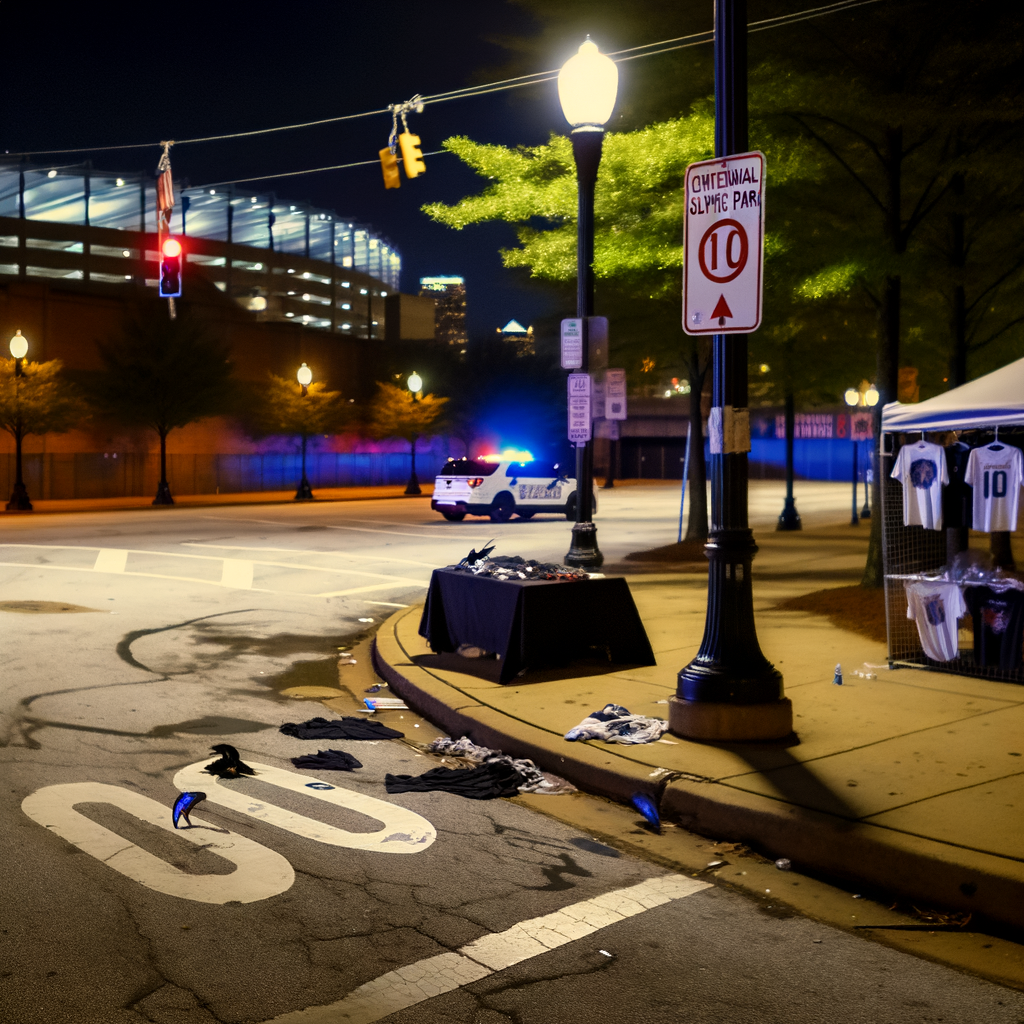 Alt text: "Scene of the fatal shooting of 18-year-old Dexter Devaughn Hoefer Savage in downtown Atlanta, near State Farm Arena, following a concert. Police investigate the area on Nassau Street where the argument over T-shirt sales escalated