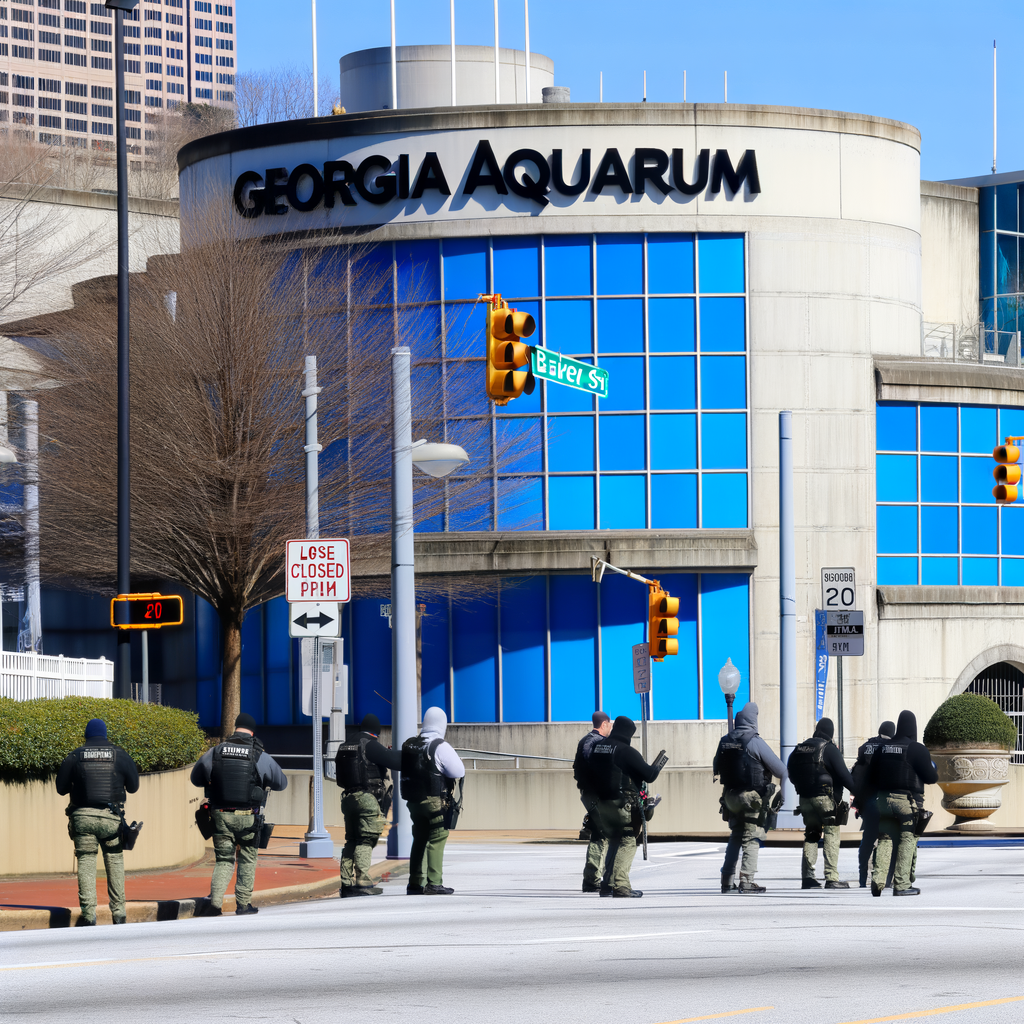 "Atlanta police conducting scenario-based training at Georgia Aquarium during afternoon rush hour, with visible law enforcement presence and closed Baker Street, showcasing community safety preparedness."