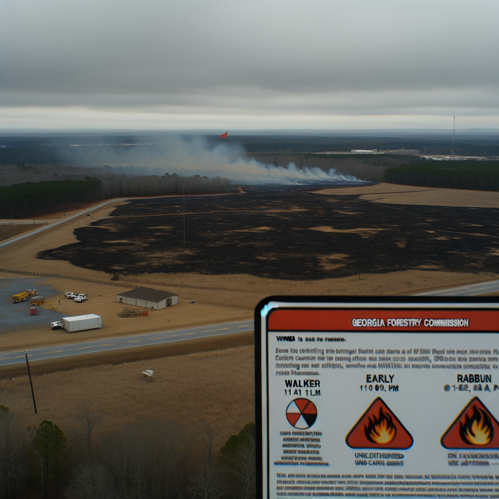 Aerial view of Lumpkin County wildfires in Georgia, showing smoke and burned areas from recent blazes, including a seven-acre fire along Lumpkin Ben Higgins Road, highlighting the impact of dry and windy conditions on local fire danger.