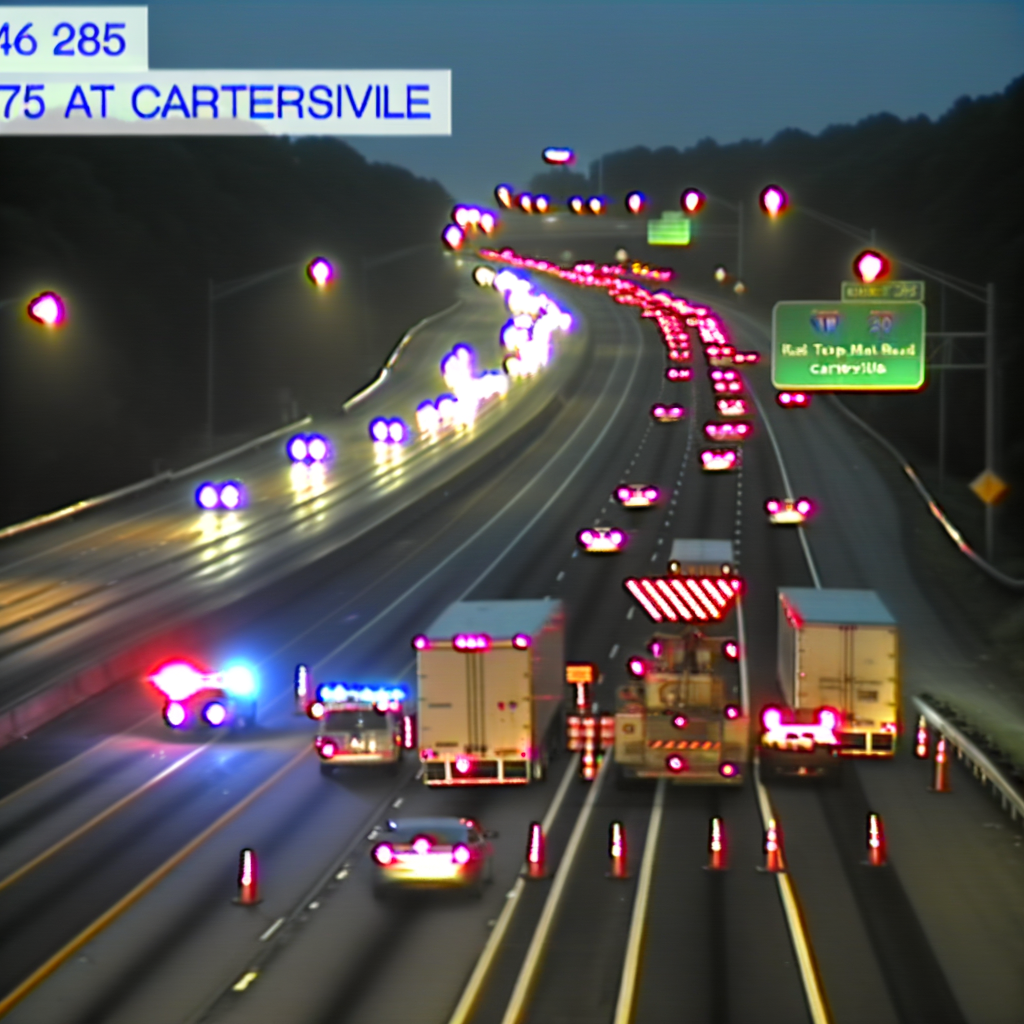 "Heavy police activity on I-75 south near Exit 285 in Cartersville, Georgia, causing significant traffic delays during Thursday morning commute due to a crash. Emergency responders working to clear the scene."