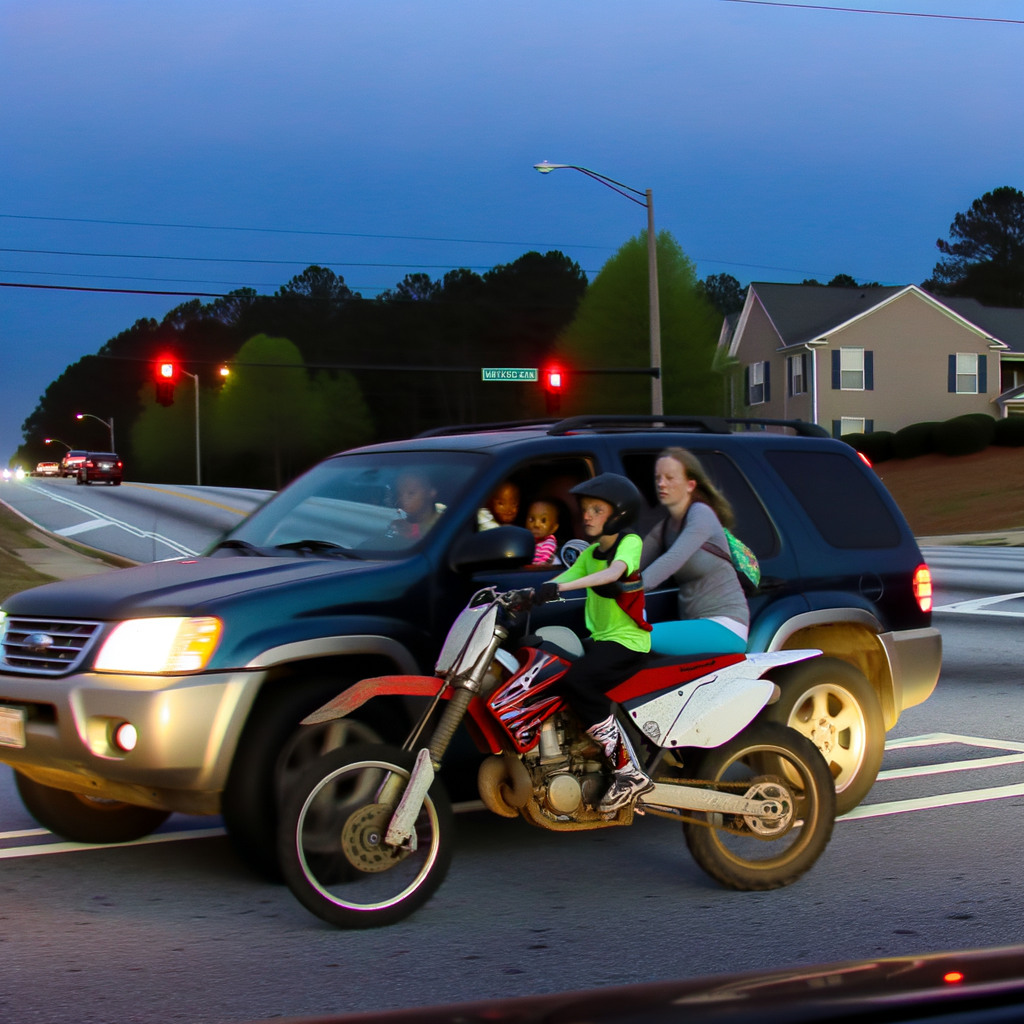 Alt text: "Scene of tragic DeKalb County crash where a dirt bike collided with an SUV, resulting in the death of a 3-year-old child. Police investigate the accident site on North Hairston Road, highlighting the dangers of riding without