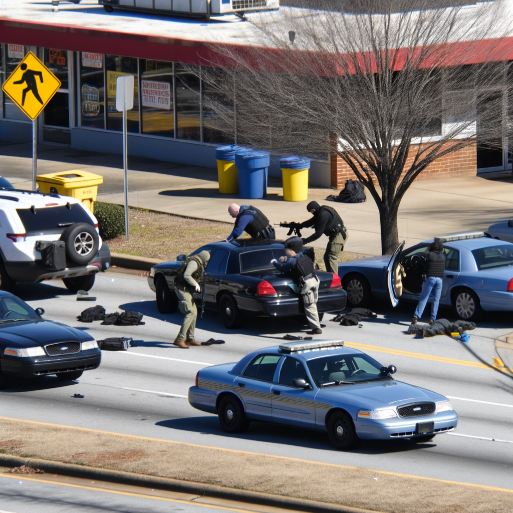 "Clarke County sheriff's deputy involved in shooting incident during armed robbery pursuit in Athens, Georgia, with police vehicles and crime scene tape visible in background."