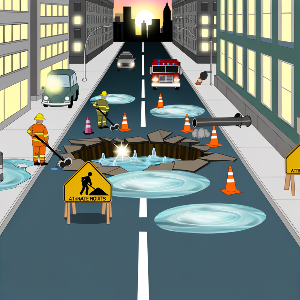 "Repair crews work on a water main break on Chamblee Dunwoody Road in Dunwoody, Atlanta, causing road closures and flooding hazards early Friday morning, with a large excavation visible near Harris Circle."