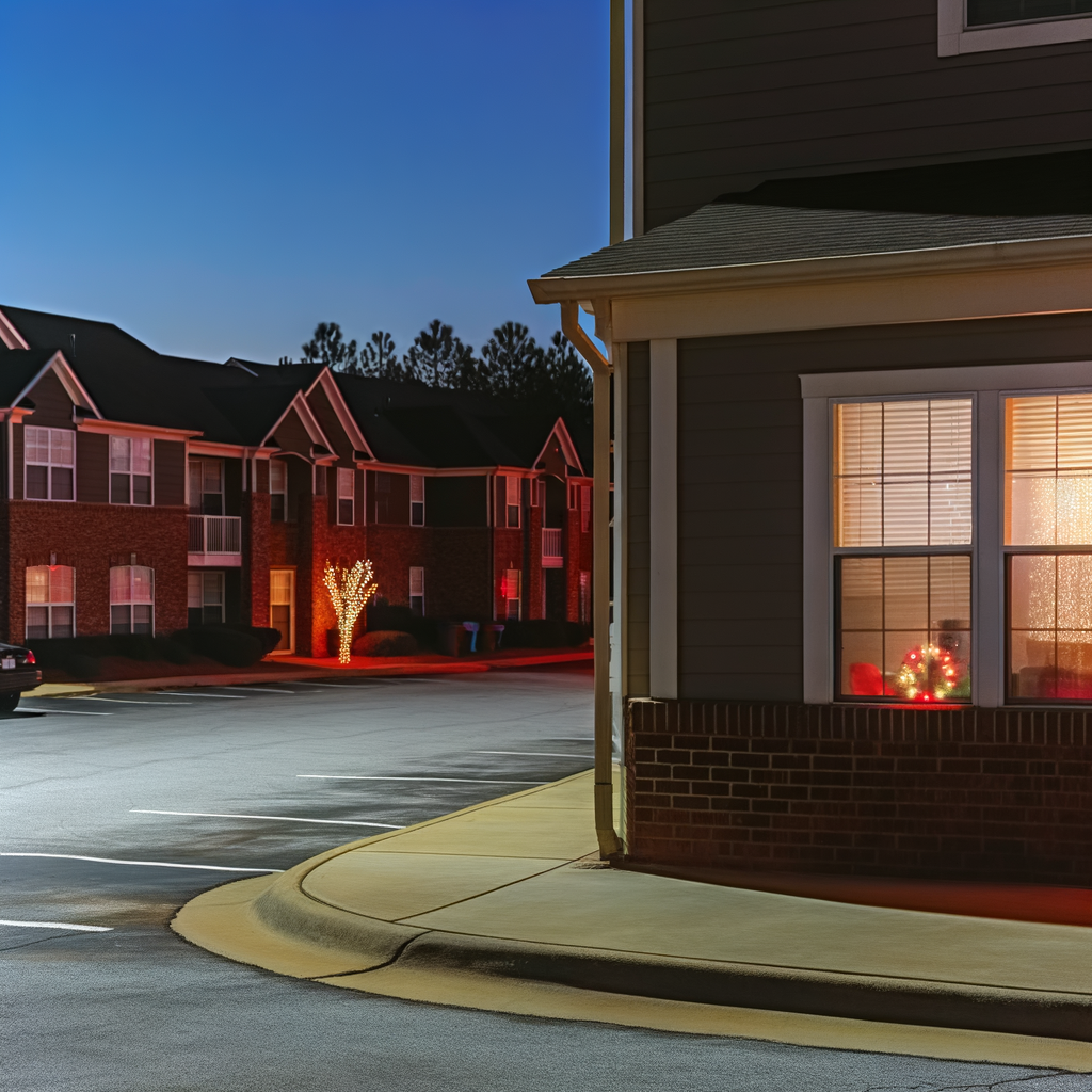 Alt text: "Crime scene at the Vineyards at Flat Shoals apartment complex in DeKalb County, where a tragic murder-suicide occurred, resulting in the deaths of five individuals, including two young children. The image shows Christmas lights illuminating a