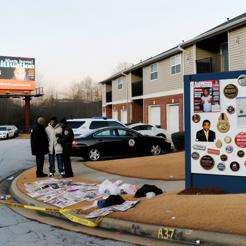 Alt text: "Cobb County authorities arrest Onri Zeron Crawford, 25, for the fatal shooting of 17-year-old Kenneth Collier Jr. in Austell, Georgia. The image shows police at the Residence at Riverside apartment complex where