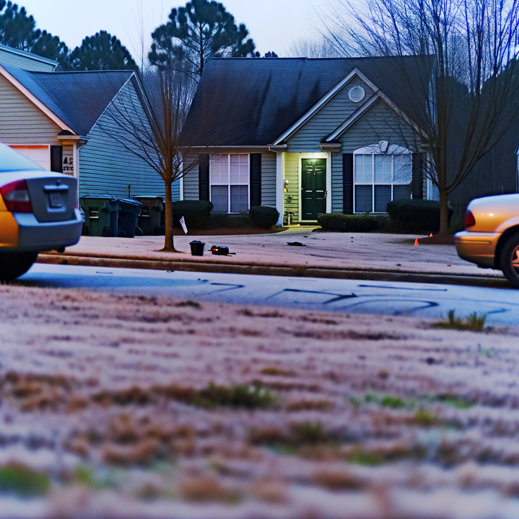 "Police investigate the scene of a fatal incident in southwest Atlanta where a man was found dead inside his home after confronting car burglars. The image shows the residential area on King George Lane, highlighting the impact of local crime on the community."