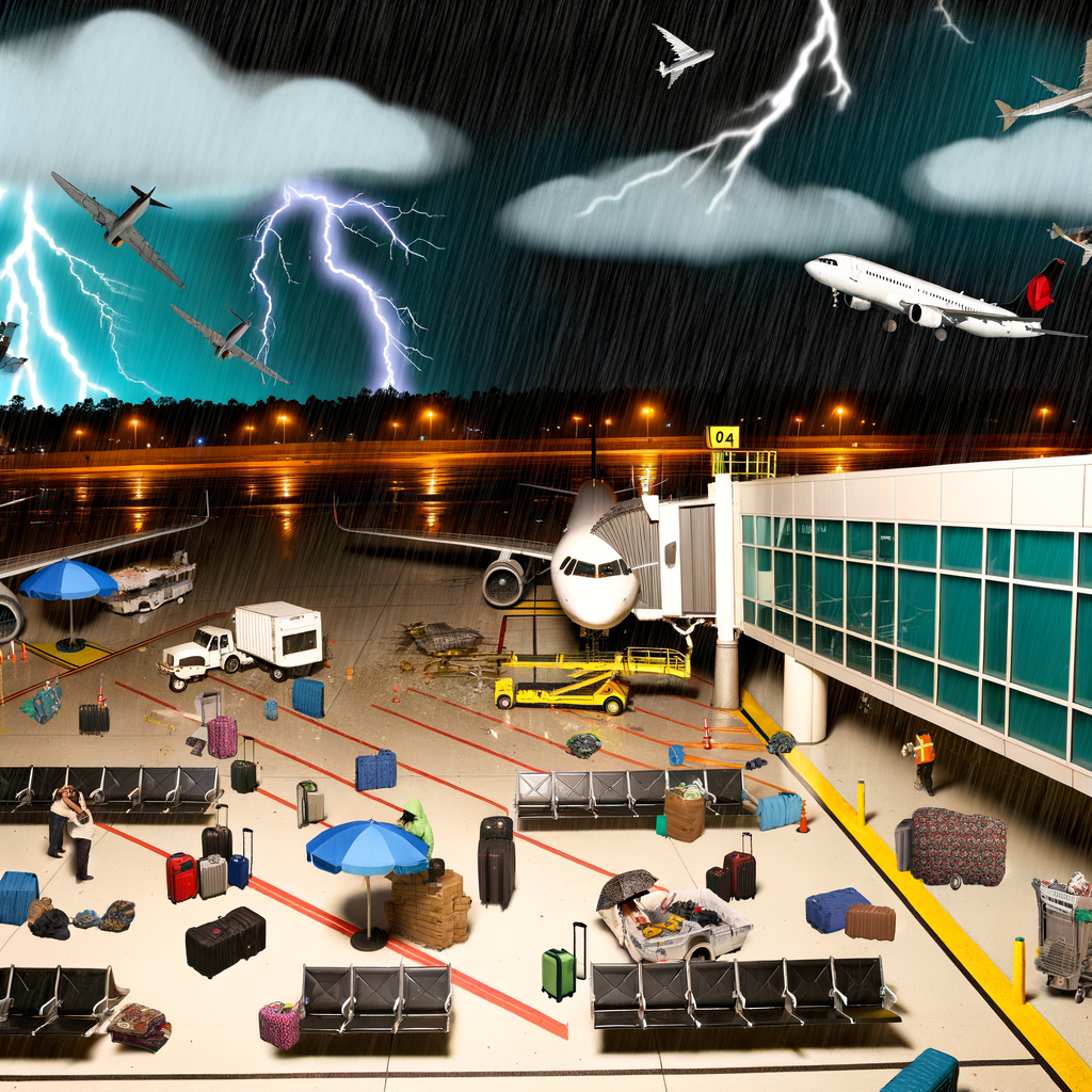 "Severe thunderstorms impact Hartsfield-Jackson Atlanta International Airport, causing flight cancellations and delays; image shows dark storm clouds over the airport runway with lightning in the background."
