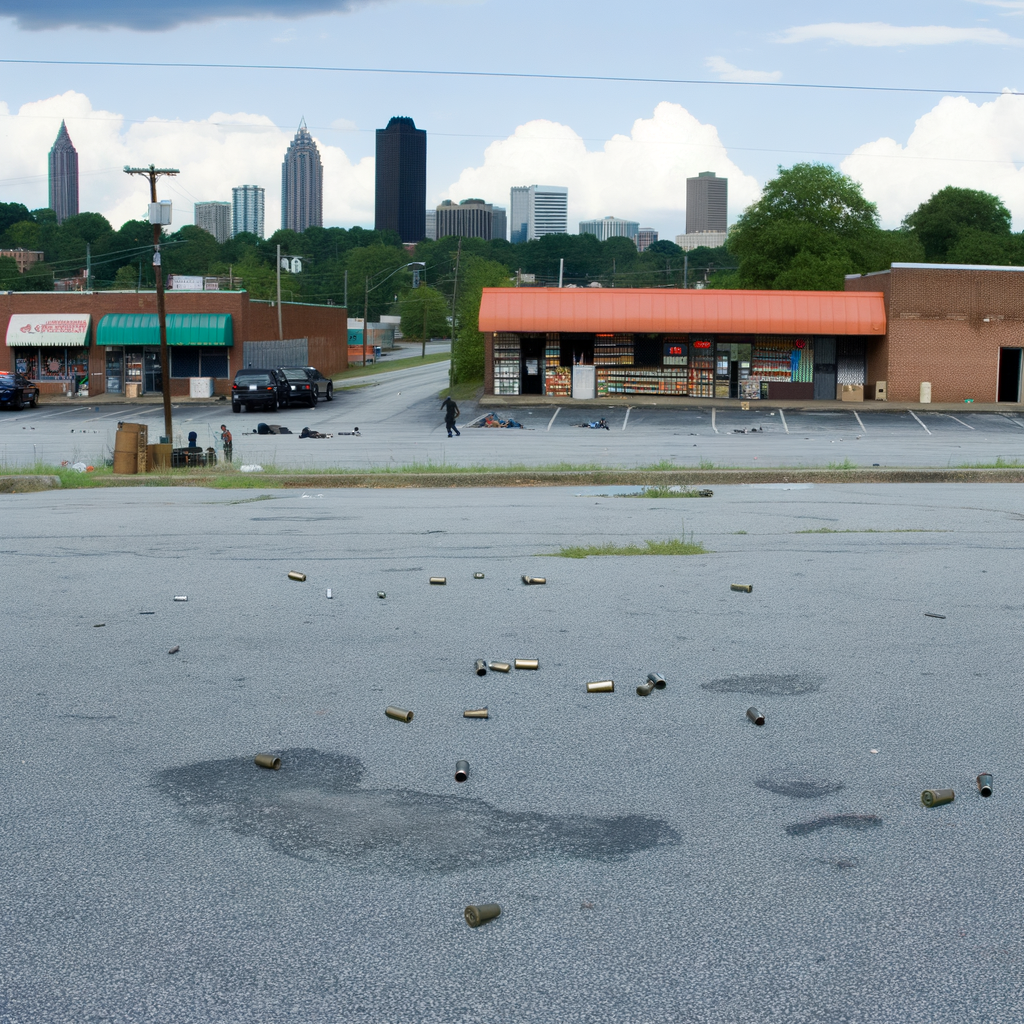 Alt text: "Police investigate the scene of a shooting in East Point, Atlanta, where one person was killed and another injured near a Citgo gas station on Washington Road. Shell casings are visible in the parking lot as officers gather evidence following the